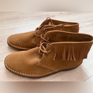 JCrew leather Macalister Suede Fringe moccasin booties ankle boots round toe tie